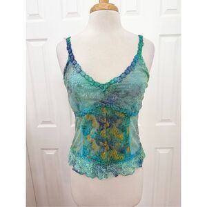 Martina Burano Collection Y2K Dip Dye Blue Smocked Sequined Lace Cami Tank Top L